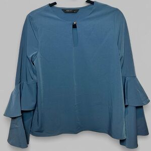 Elegant Teal Bell Sleeve Blouse with Keyhole Neckline – Size M